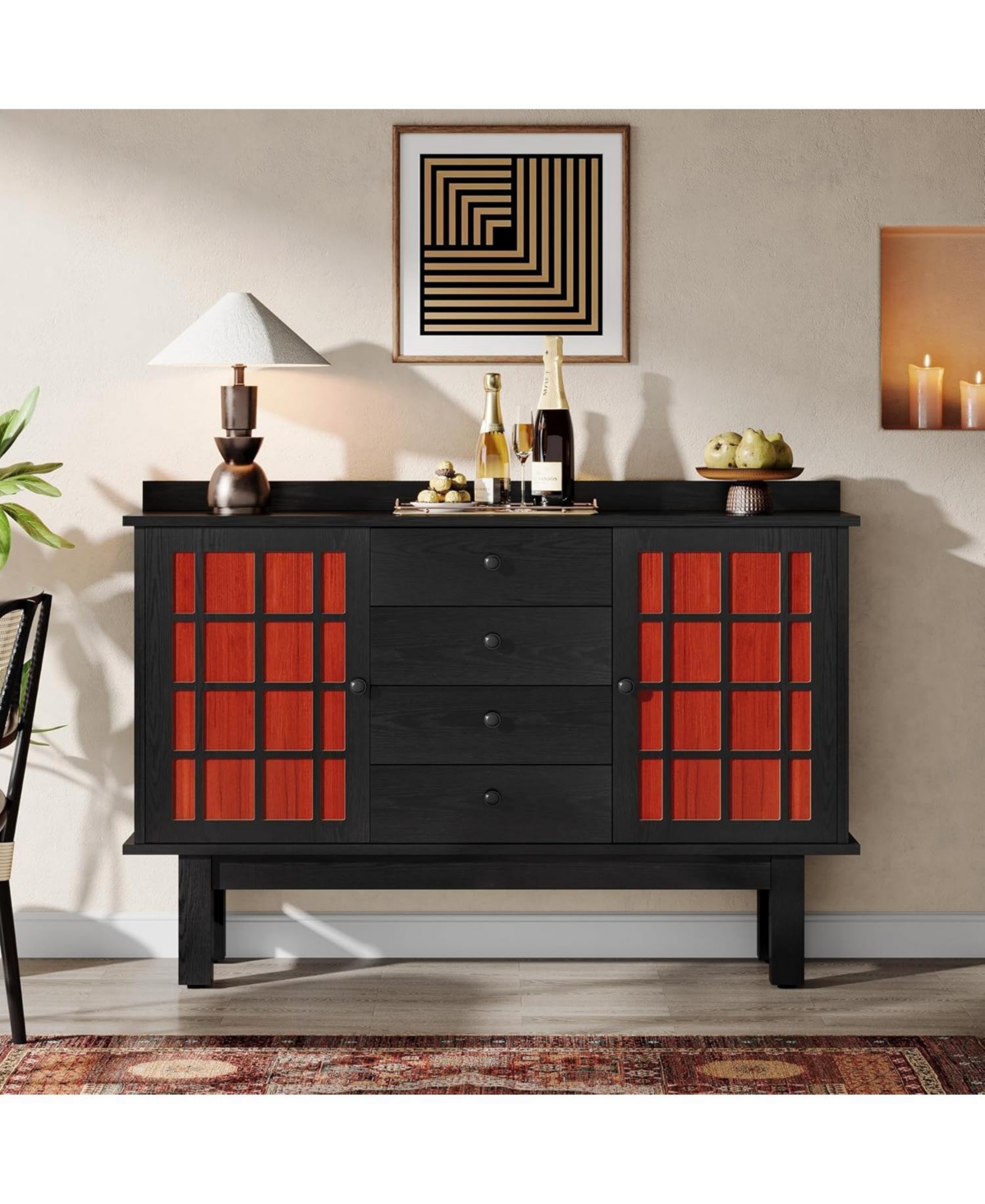 Tribesigns Storage Cabinet, Black Accent Cabinet with 2 Doors and 4 Drawers, Classic Wood Sideboard Buffet Cabinet with Storage, Large Credenza fo