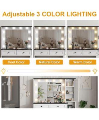 Makeup Vanity Stool Set, Small Vanity Desk with Lighted Mirror, Charging Station, 5 Drawers