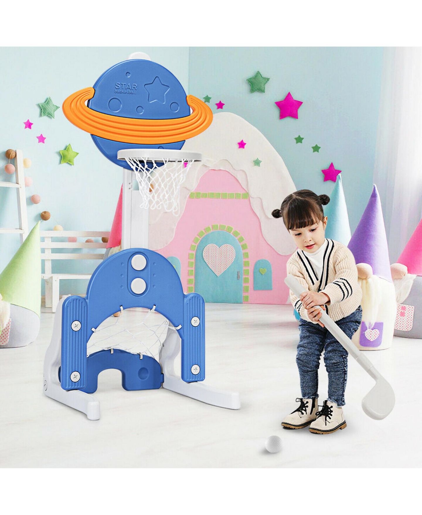 Детские игрушки Gymax 3-in-1 Kids Basketball Hoop Set Adjustable Sports Activity Center w/Balls, цвет: Белый — фото 3