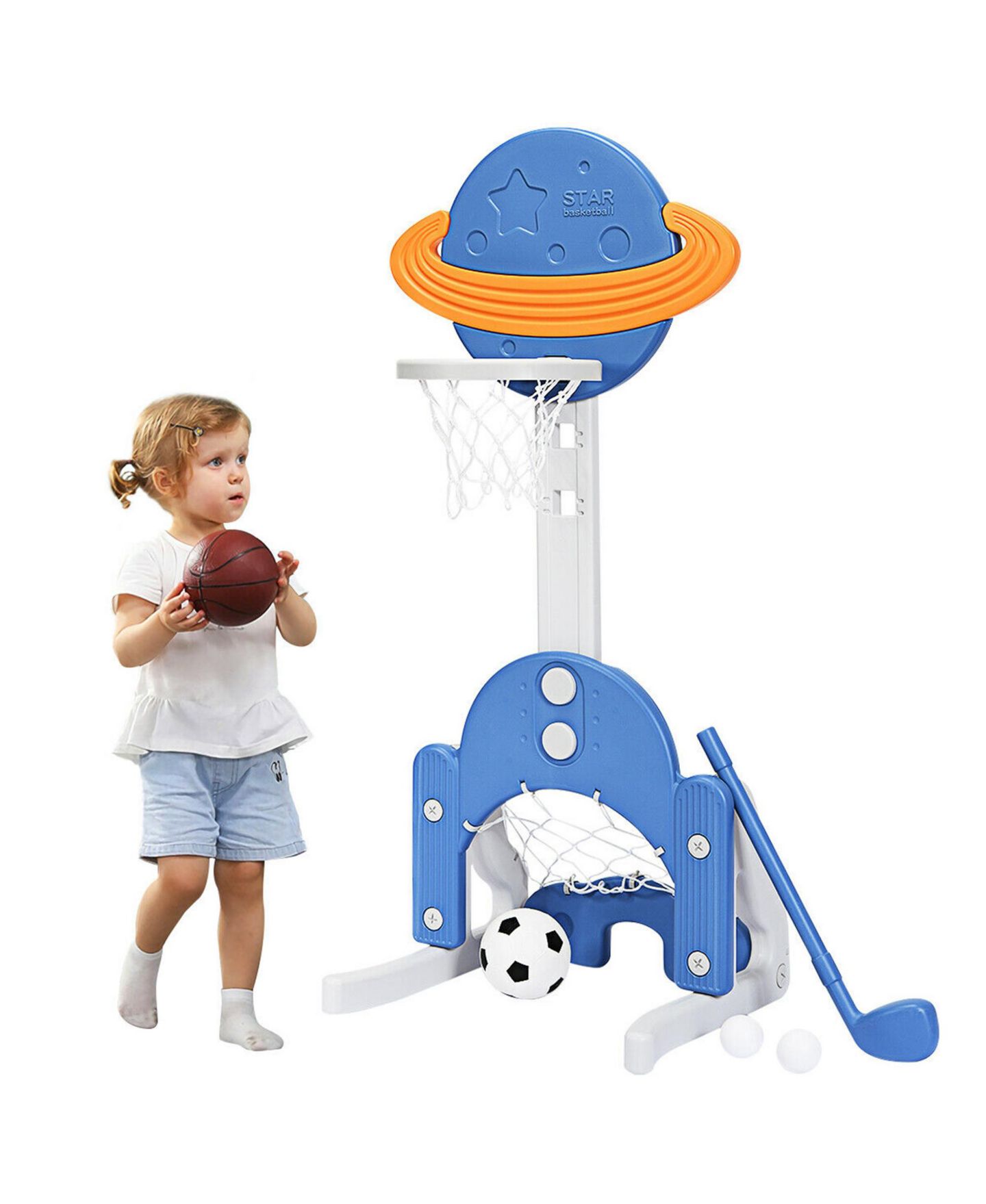 Детские игрушки Gymax 3-in-1 Kids Basketball Hoop Set Adjustable Sports Activity Center w/Balls, цвет: Белый — фото 1