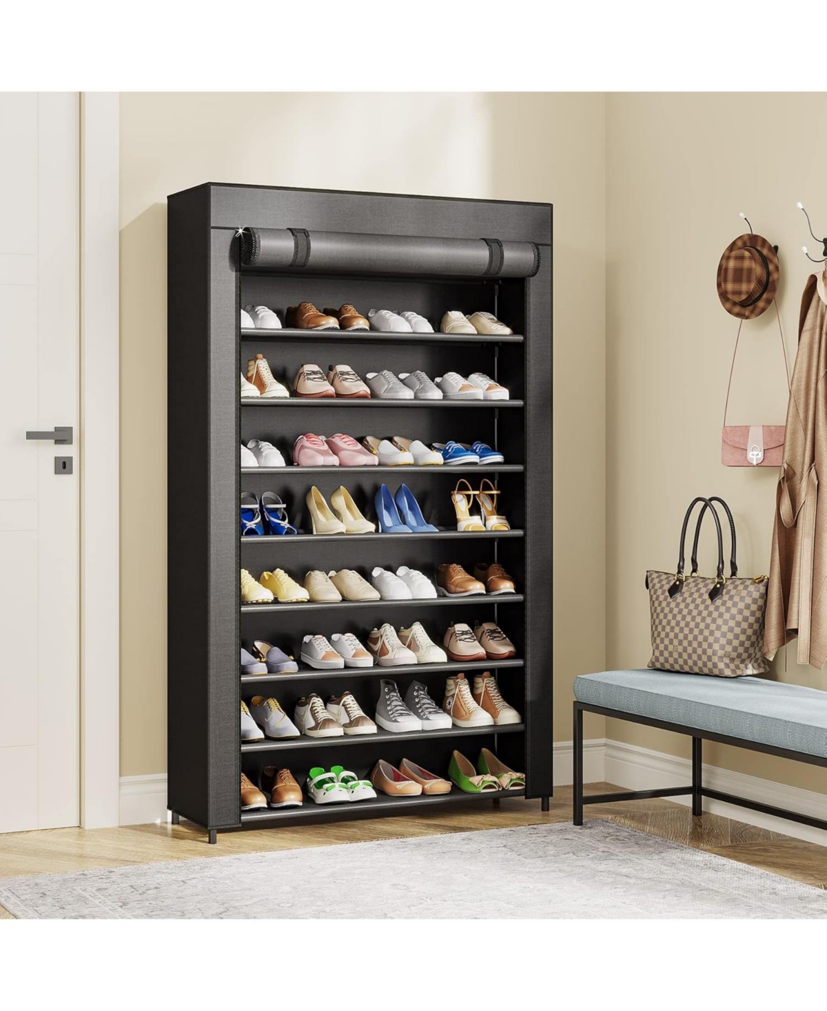 Tribesigns 10-Tier Shoe Storage Organizer with Cover, Black Large Shoe Rack for Closet, Entryway, or Bedroom, 50-Pair Shoe Stand, Non-Woven Shoe Shelf