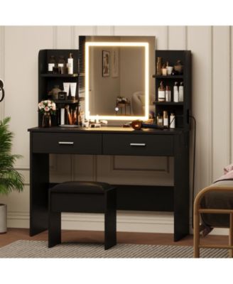 Vanity Desk with Mirror and Lights, 6 Shelves, 2 Drawers, Stool, Power Outlet, Adjustable Brightness