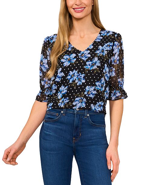 alfani CeCe Women's Floral Elbow-Sleeve Ruffle V-Neck Blouse Women's Fashion Shoes & Accessories