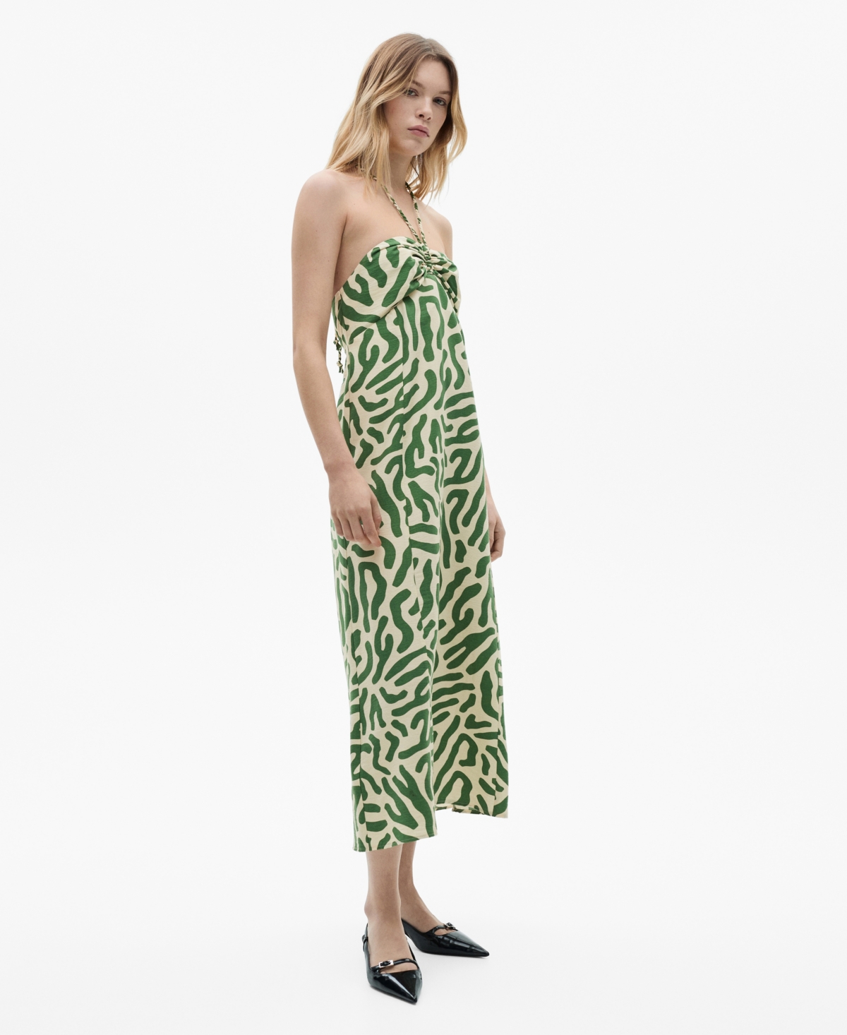 Mango Frill Print Cotton Midi Dress In Green
