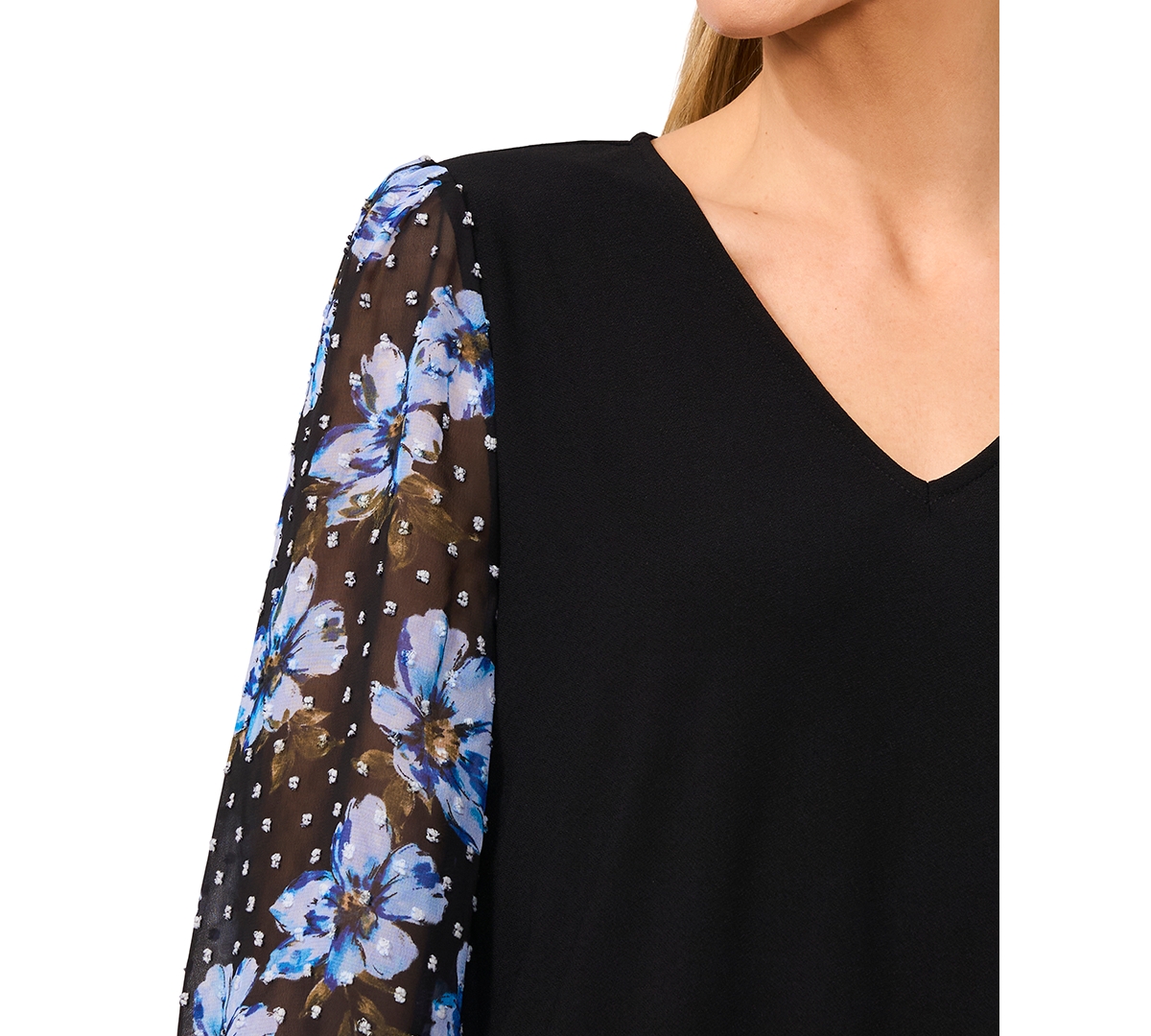 Cece Floral Clip Dot Sleeve V-neck Mixed Media Top In Mod Black