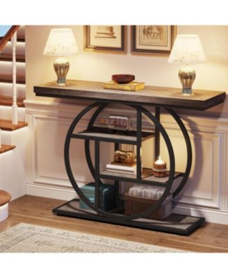 Industrial 4-Tier Console Table with Circle Base and Storage Shelves, 41.3-Inch Narrow Accent Sofa Table for Entryway or Living Room