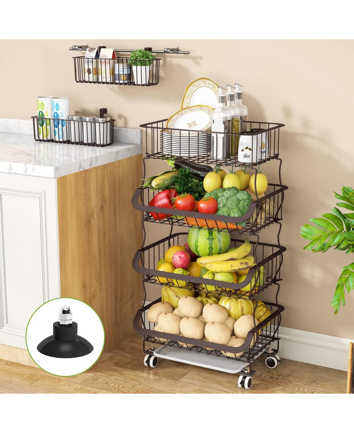 Fruit Vegetable Basket, 4 Tier Stackable Metal Wire Basket Cart with Rolling Wheels, Utility Rack for Kitchen, Pantry, Garage, with 2 Free