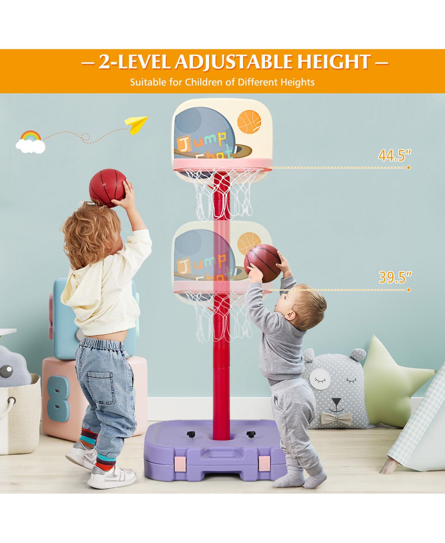 Детские игрушки Gymax Portable 2 in 1 Kids Basketball Hoop Stand w/ Ring Toss and Storage Box, цвет: Красный — фото 4