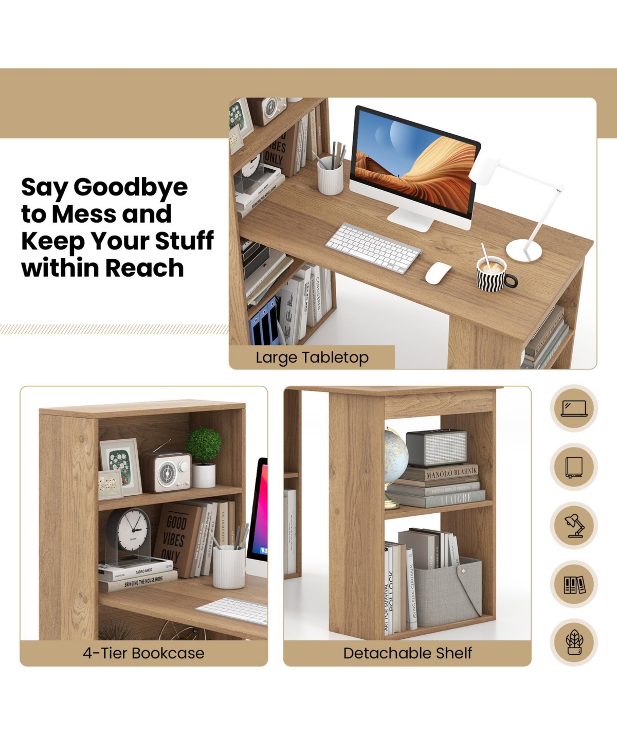 Gouun 48-Inch Computer Desk with 4-Tier Bookcase, Cpu Stand, and Spacious Desktop