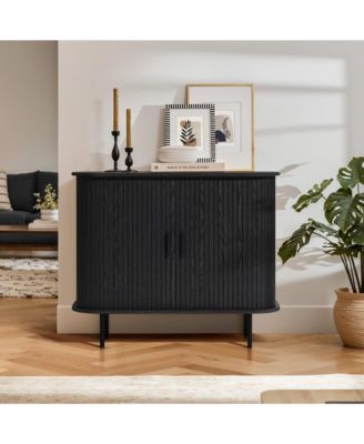 Mid-Century Modern 2-Door Accent Wood  Cabinet with Slatted Sliding Doors