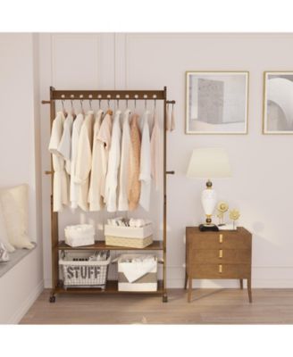 Retro Bamboo Clothes Rack:  Garment Organizer Hanging Rack with Wheels
