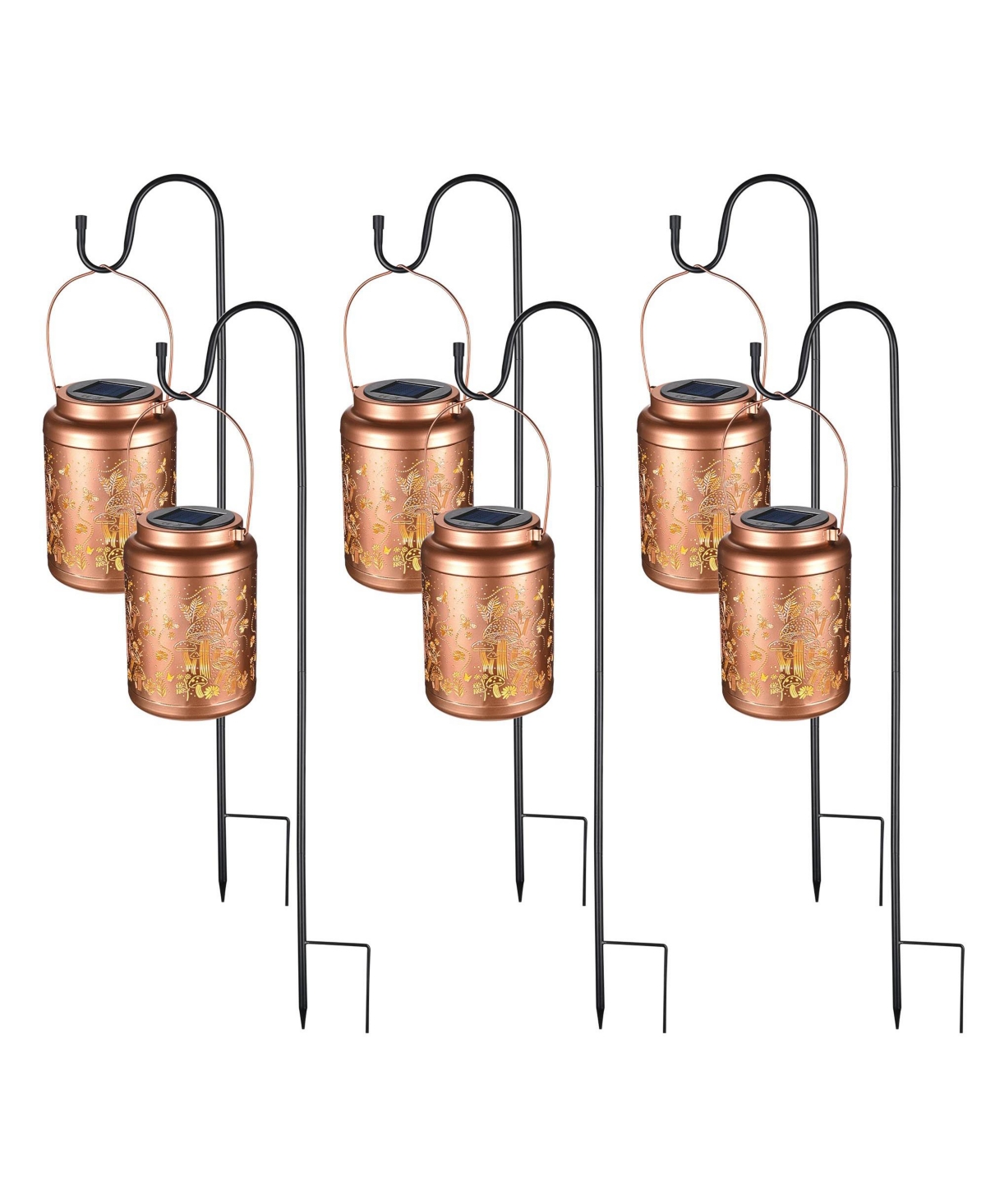 Mushroom Solar Lantern with Shepherds Hooks Outdoor Hanging Decor Light Christmas Gifts Yard Patio Porch 6Pack - Natrual