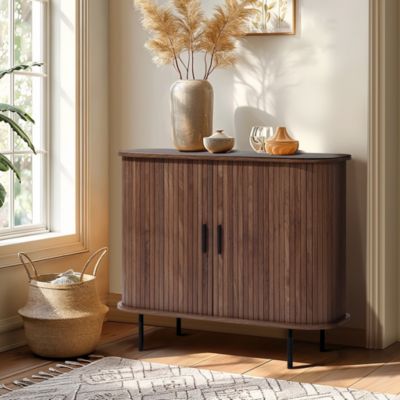 Mid-Century Modern 2-Door Accent Cabinet with Slatted Sliding Doors, Dark Oak