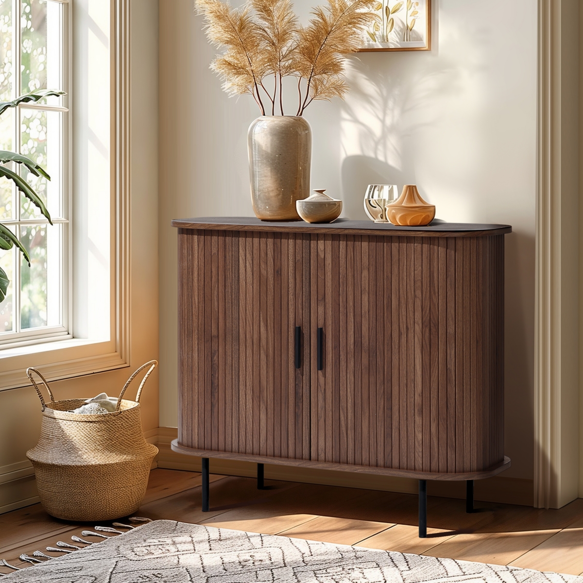 Luxenhome Mid-century Modern 2-door Accent Cabinet With Slatted Sliding Doors, Dark Oak In Dark Brown