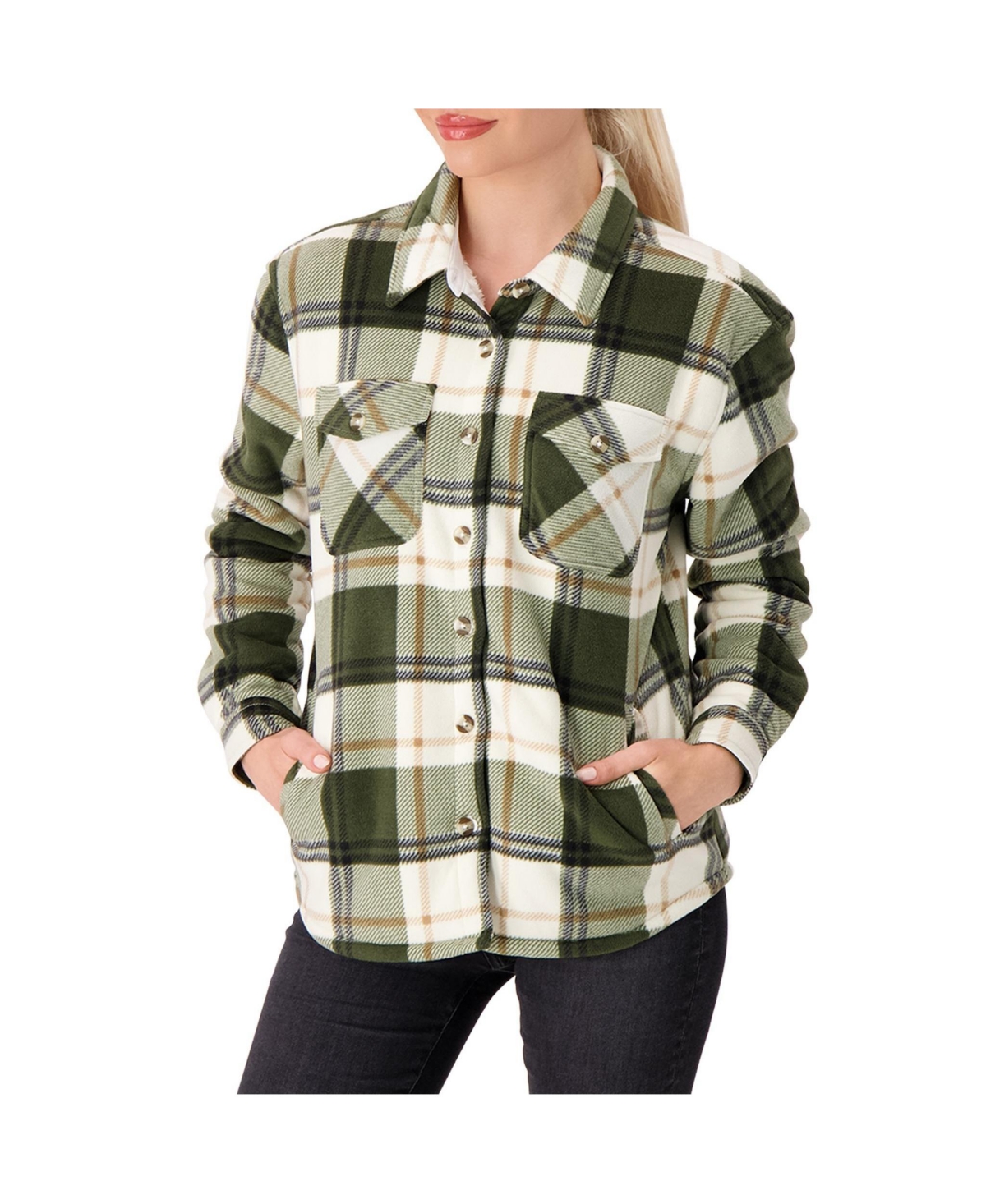 Heat Holders Women's Jacqueline Long Sleeve Plaid Shirt Jacket In Olive,cream