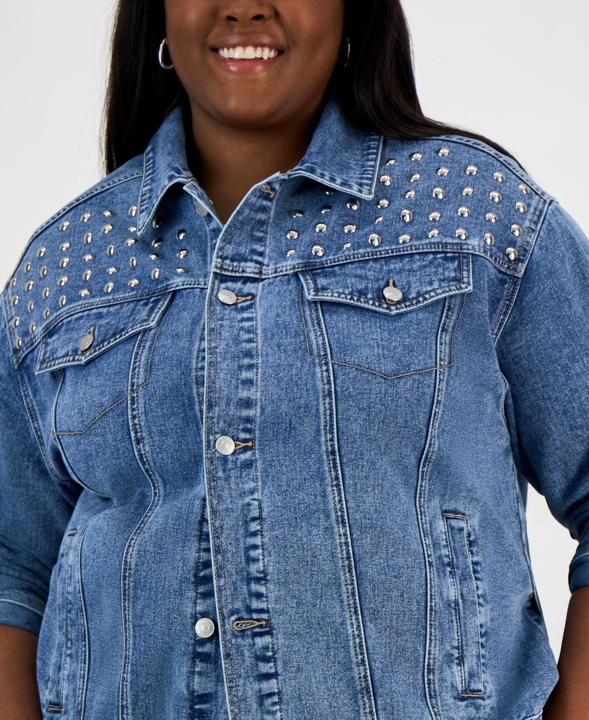 Shop Madden Girl Trendy Plus Size Studded Denim Jacket In Medium Wash