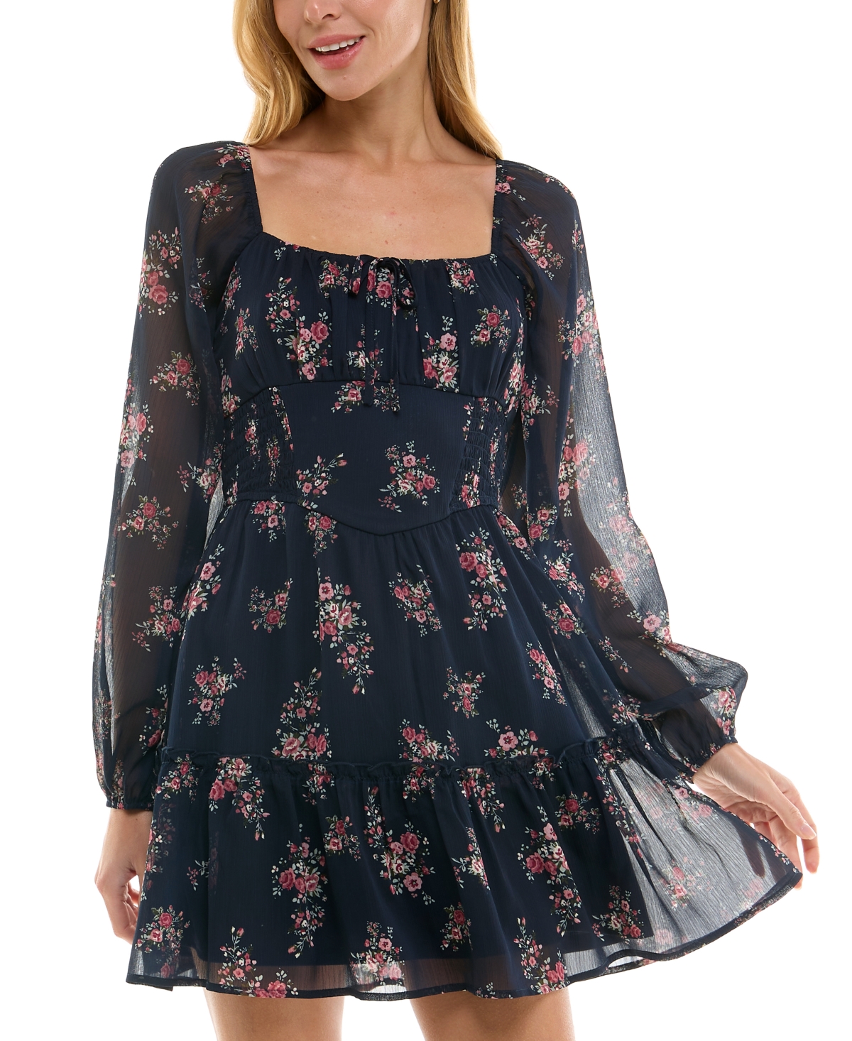 Juniors' Floral-Print Long-Sleeve Dress - Navy