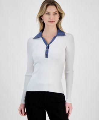 T Tahari - Women's Contrast Collared Ribbed Knit Sweater