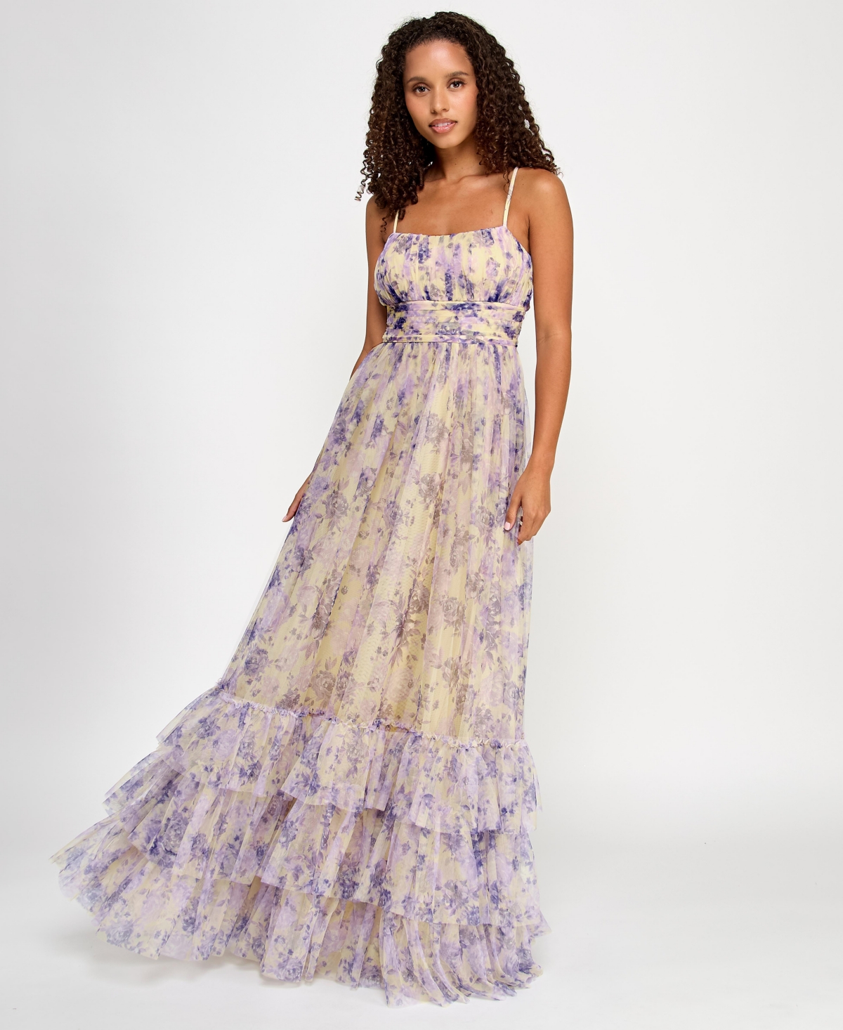 CITY STUDIOS JUNIORS' PRINTED TULLE RUFFLE-HEM GOWN, CREATED FOR MACY'S 