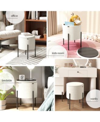  Round Ottoman  Boucle Fabric  Hidden Storage Foot Stool/Vanity Stool for Living Room & Bedroom Decor