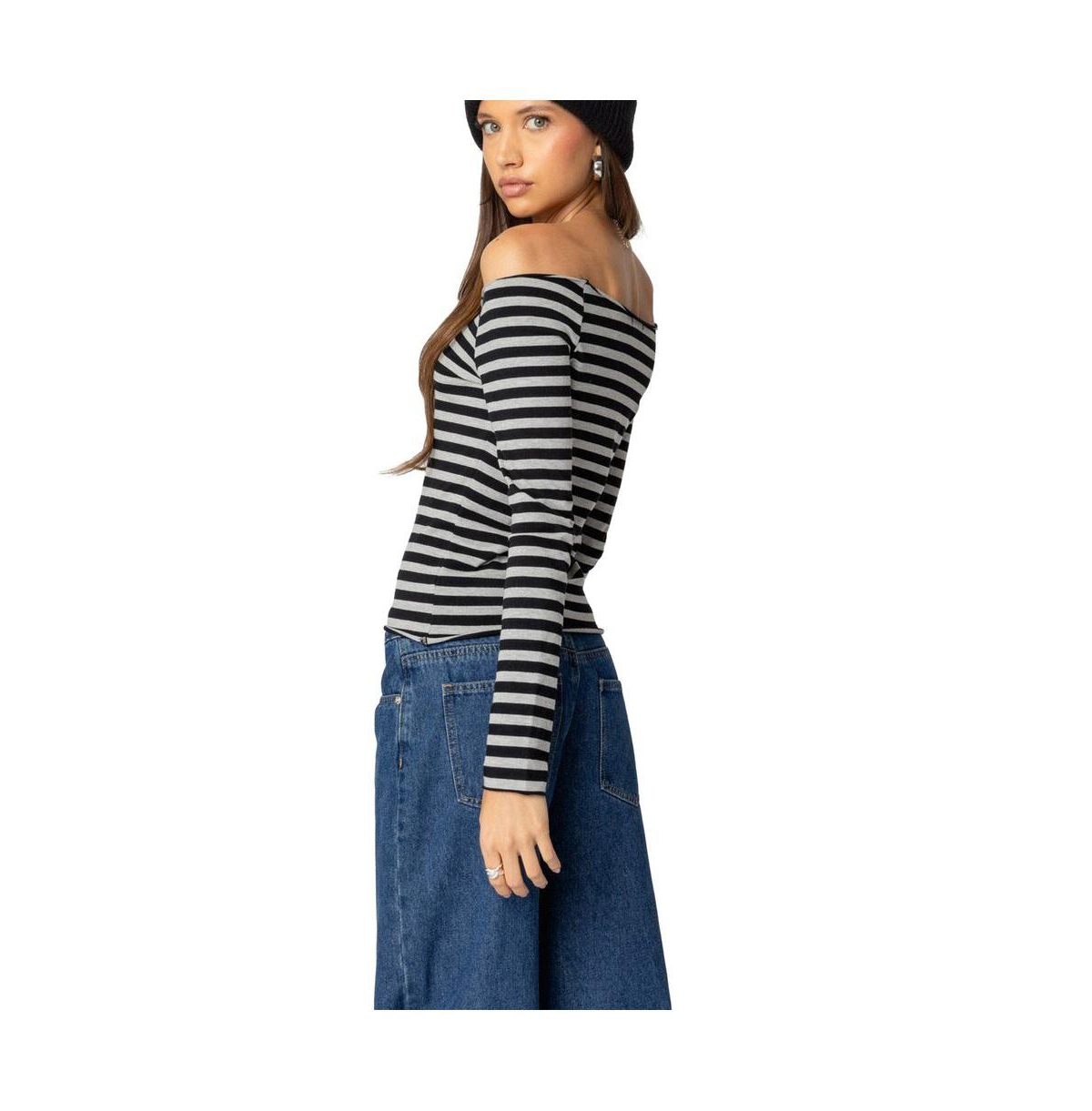 Edikted Womens Nelligan Striped Off Shoulder Top