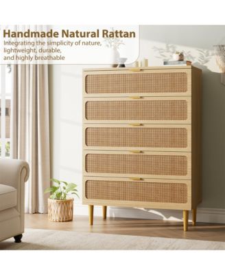 Rattan 5 Drawer Dresser for Bedroom, Large Double Dresser with Deep Drawers