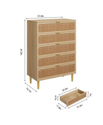 Rattan 5 Drawer Dresser for Bedroom, Large Double Dresser with Deep Drawers