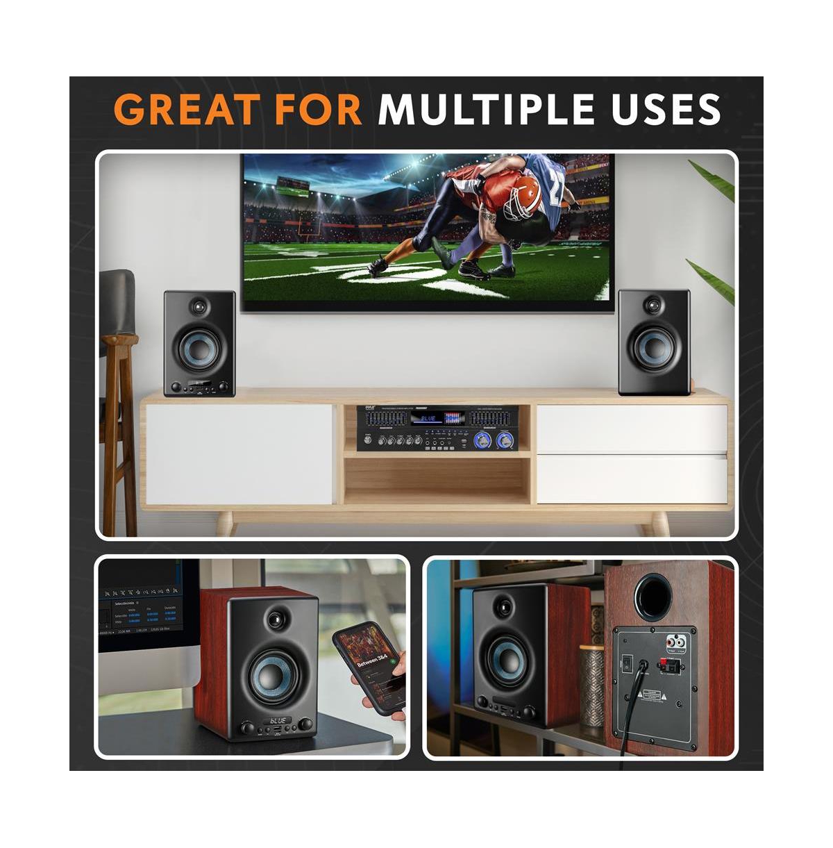 Pyle Hi-Fi Powered Bookshelf Speakers, Bluetooth Desktop Monitor System, 300W with Rca Input, MP3 & Usb Support (Black)