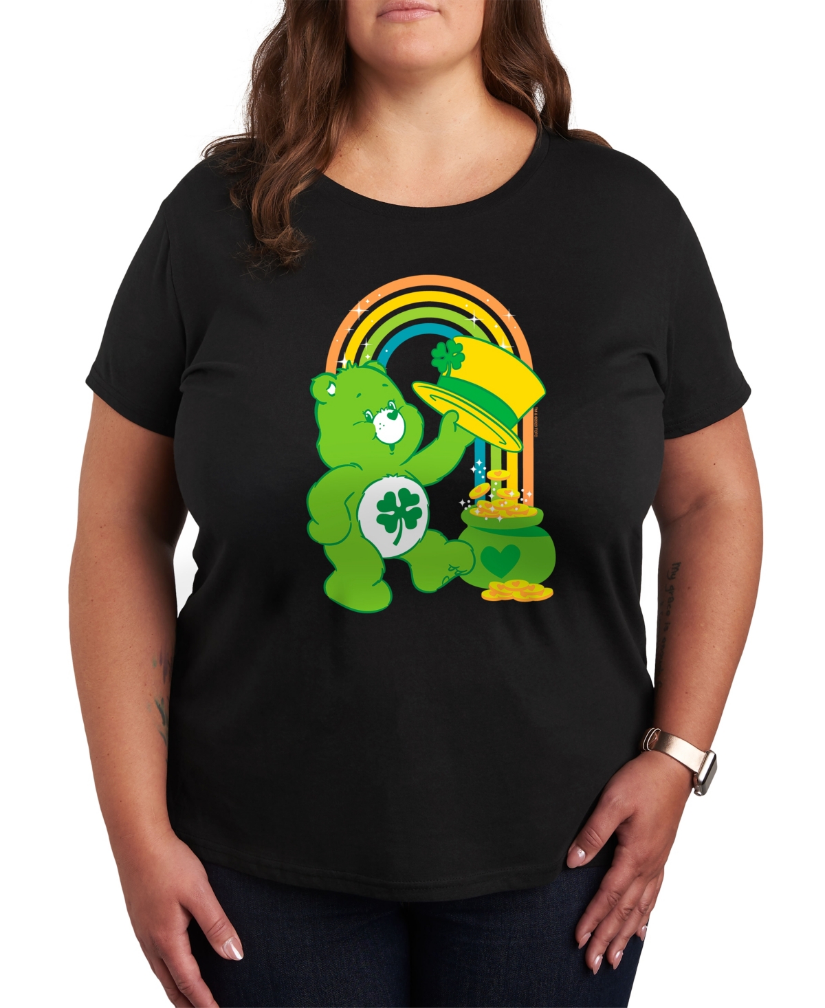 Plus Size Trendy Care Bears St Patrick's Day Graphic Crew Neck T-Shirt - Black