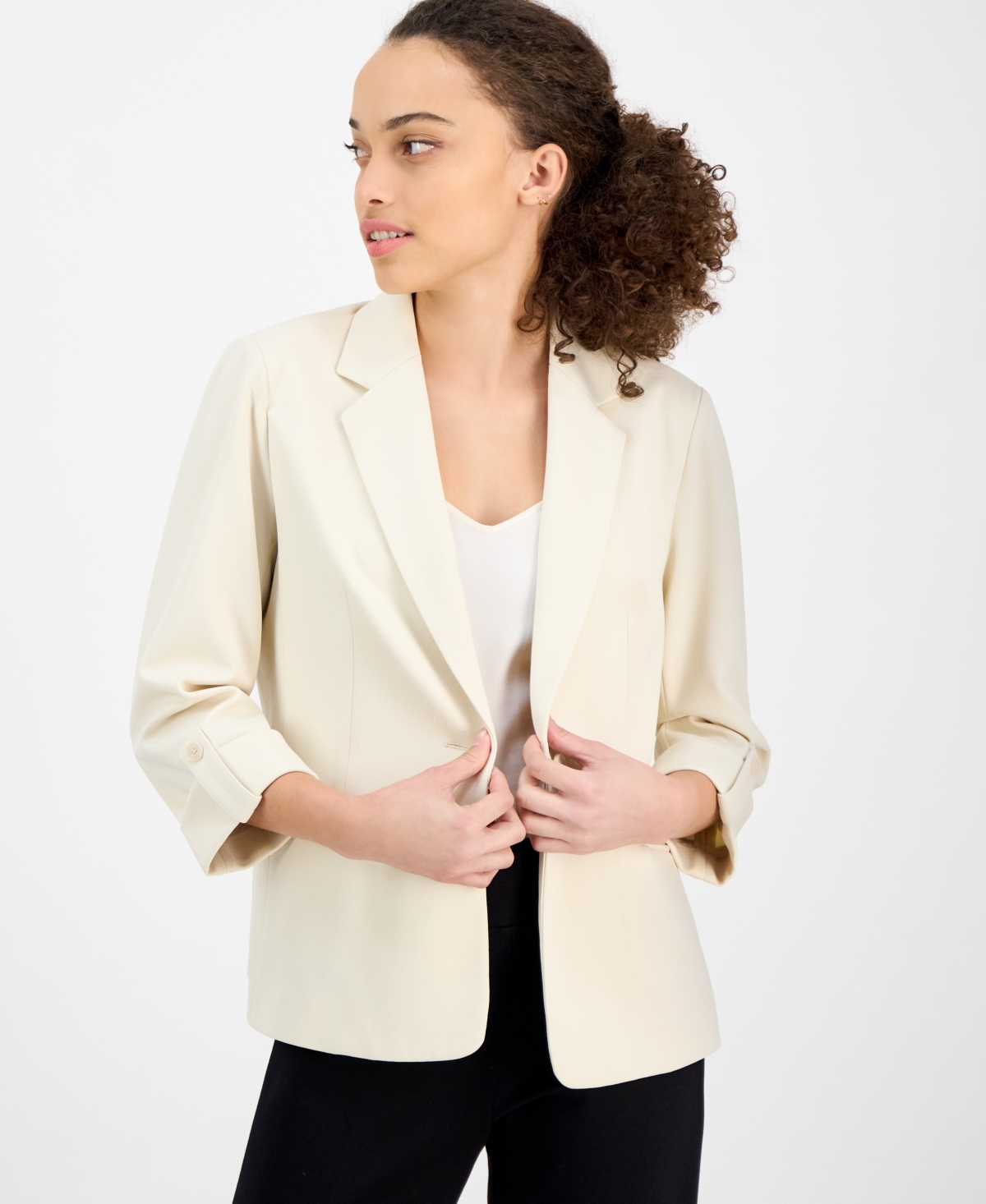 Ak Anne Klein Petite Cool Crepe Single Button Jacket In Soft Latte