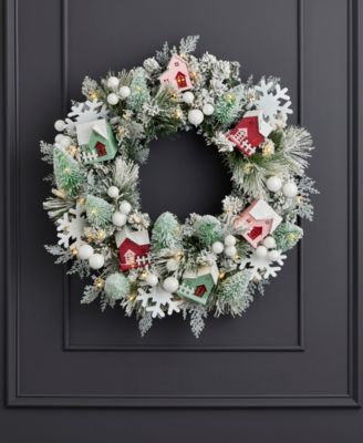 26" Pre-Lit Snowy Cottage Wreath