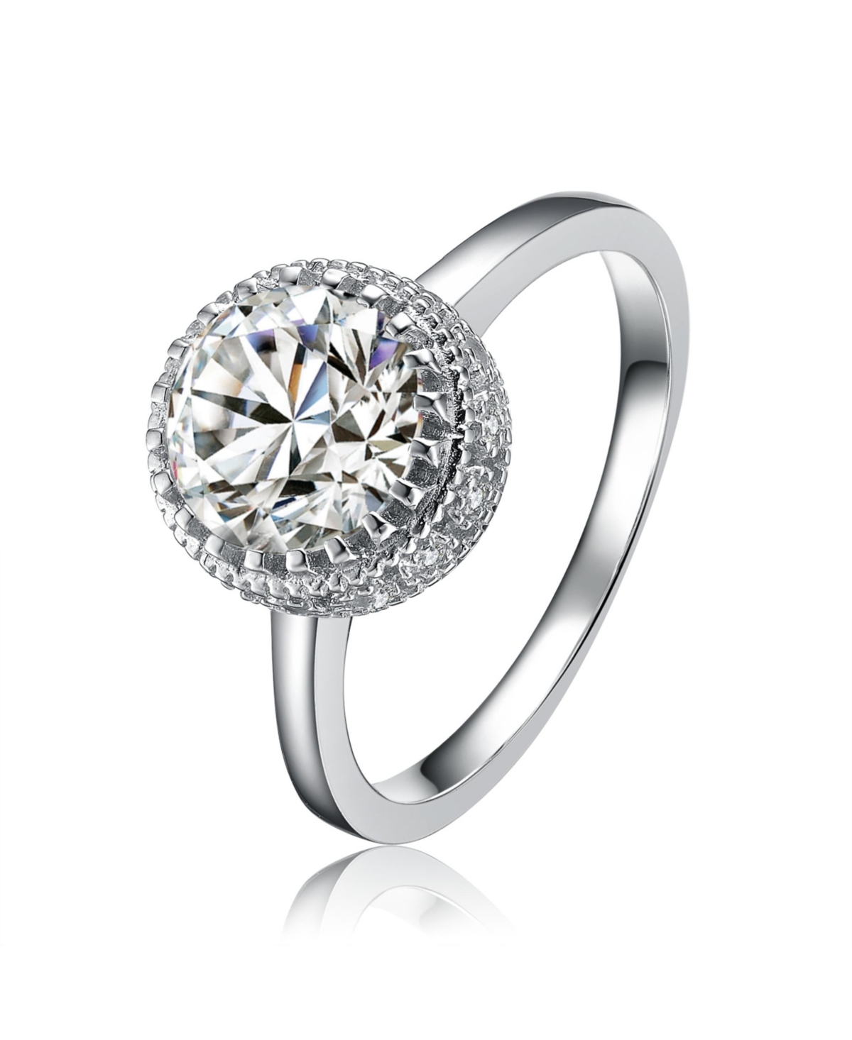 White Gold Plated Sterling Silver Cubic Zirconia Round Halo Ring - White