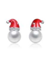 Rachel Glauber White Gold Plated with White & Clear Cubic Zirconia Santa Hat Stud Earrings - Red