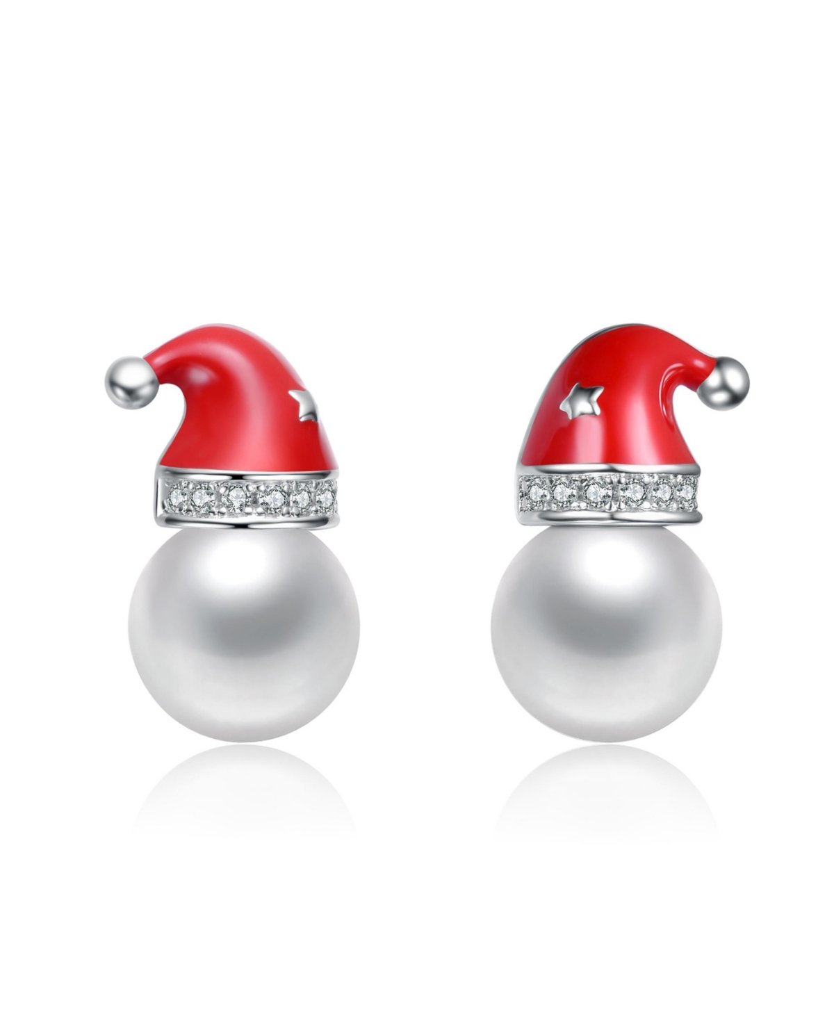White Gold Plated with White Pearl & Clear Cubic Zirconia Santa Hat Stud Earrings - Red