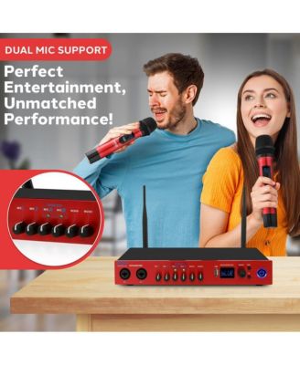 UHF Wireless Microphone System with Bluetooth - Dual Channel, 2 Handheld Mics, Portable Mixer, Red