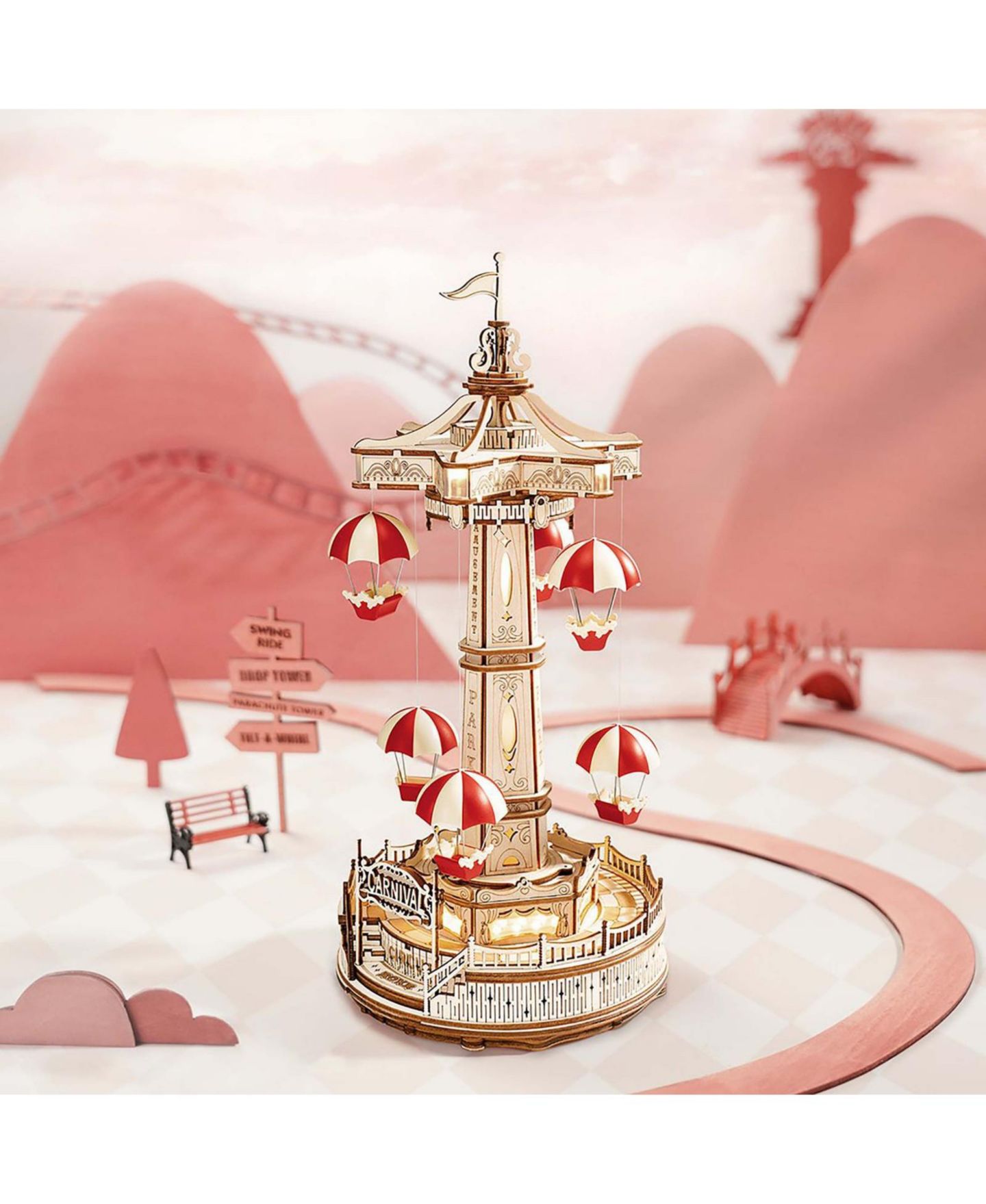 Детские конструкторы Robotime 3D Wooden Puzzle Parachute Tower DIY Model Gift for Birthday Children Adult, 5.51"5.51"11.8" — фото 2