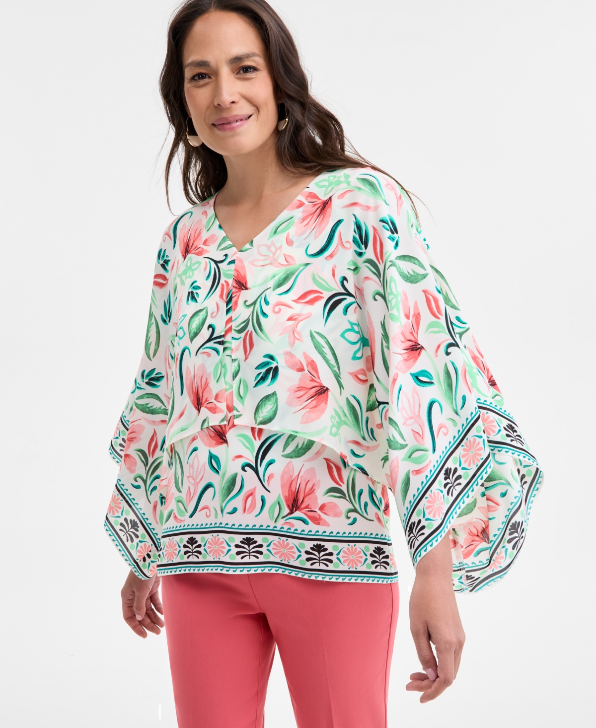 Shop Jm Collection Women's V-neck Tiered Poncho Top, Exclusively At Macy's In Floral Combo