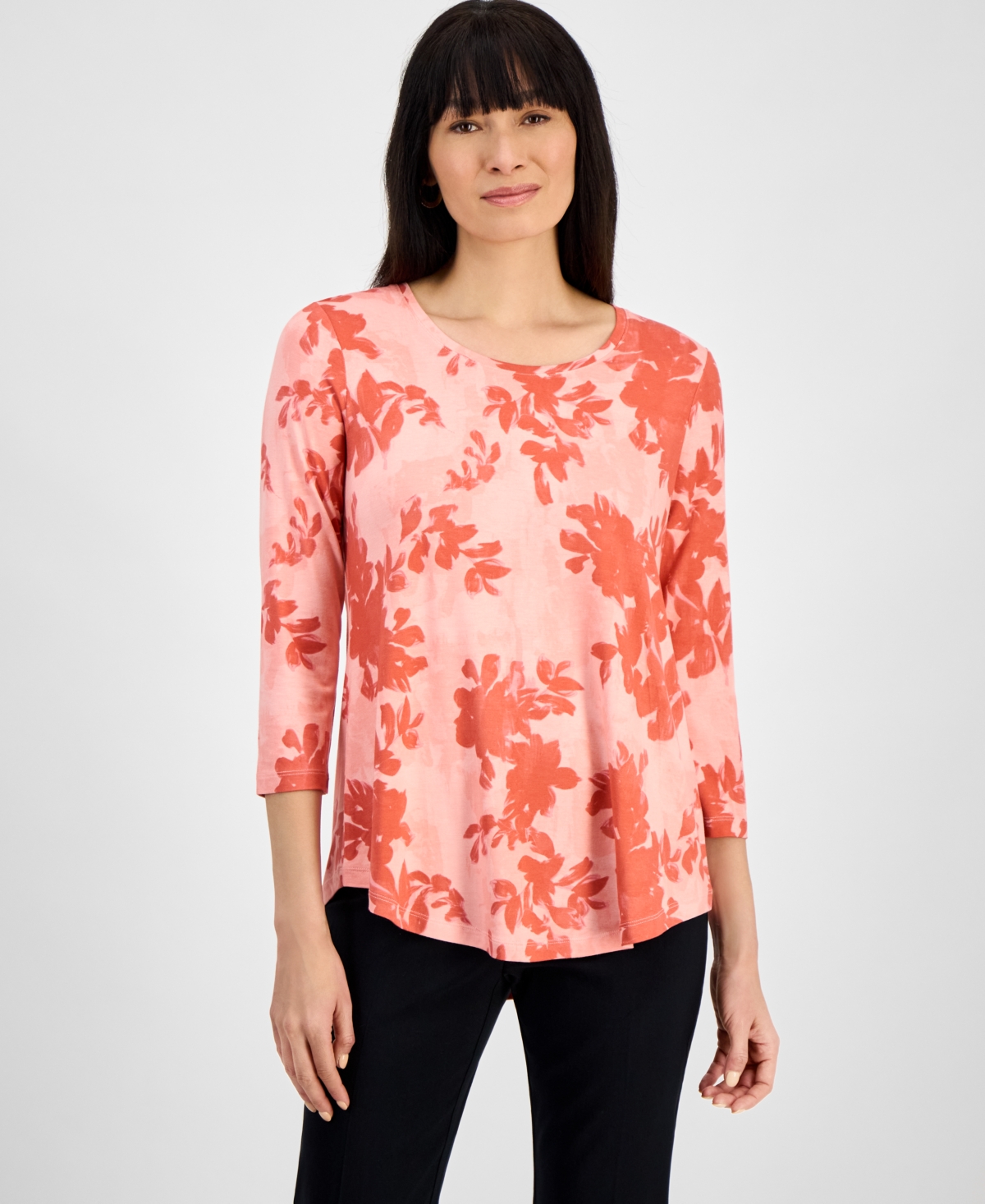 JM COLLECTION WOMEN'S PRINTED SCOOP-NECK 3/4-SLEEVE TOP, EXCLUSIVELY AT MACY'S 