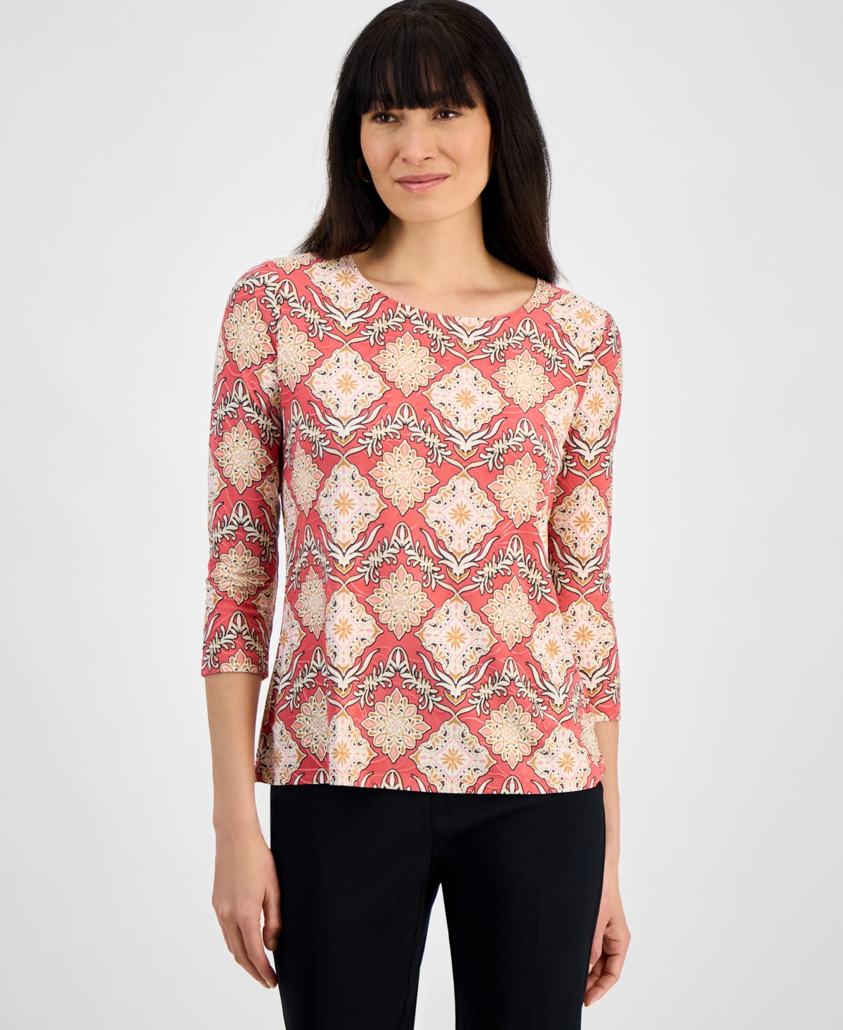 JM COLLECTION WOMEN'S PRINTED 3/4 SLEEVE SCOOP-NECK JACQUARD TOP, EXCLUSIVELY AT MACY'S 