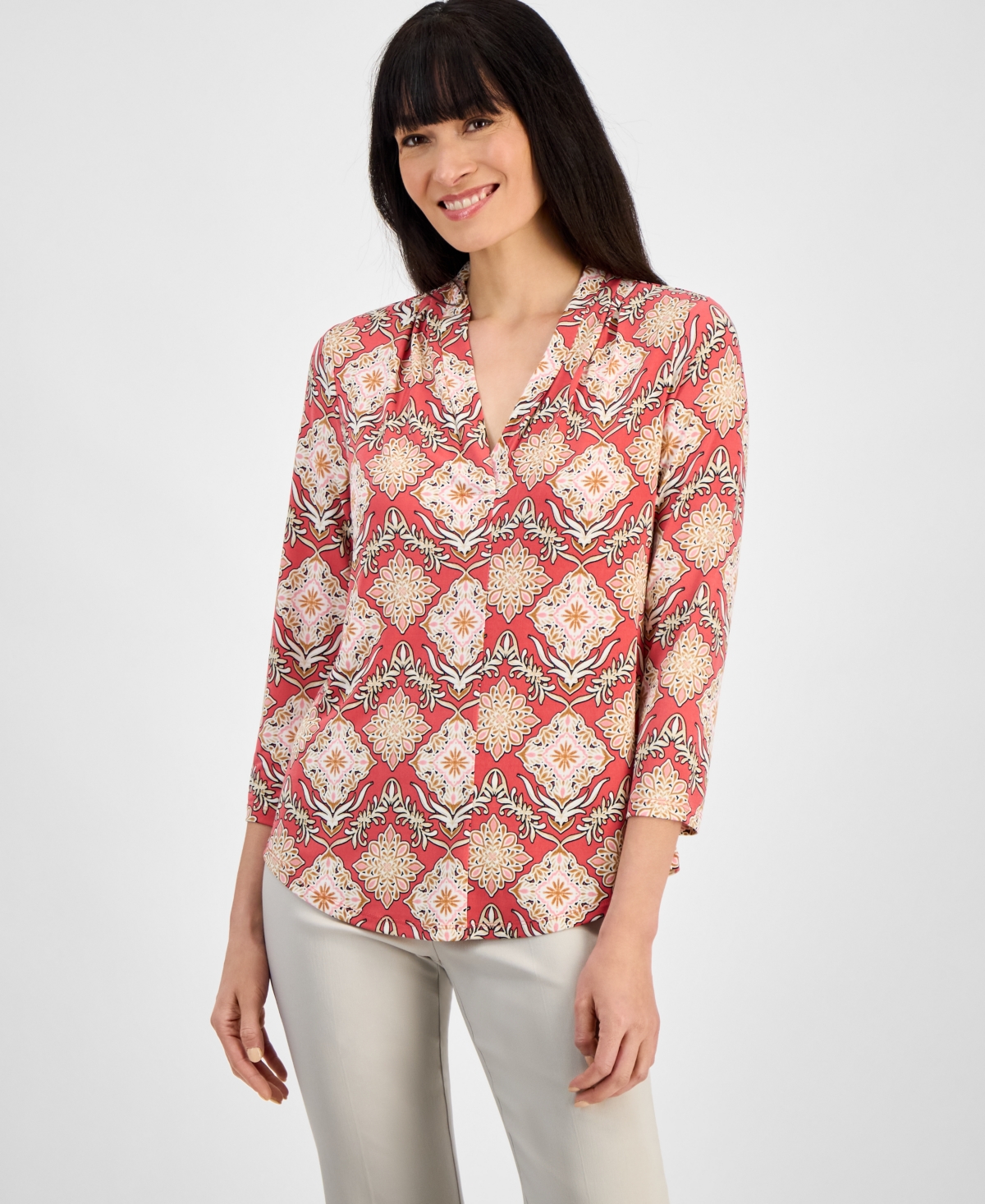 JM COLLECTION PETITE V-NECK TOP, EXCLUSIVELY AT MACY'S 