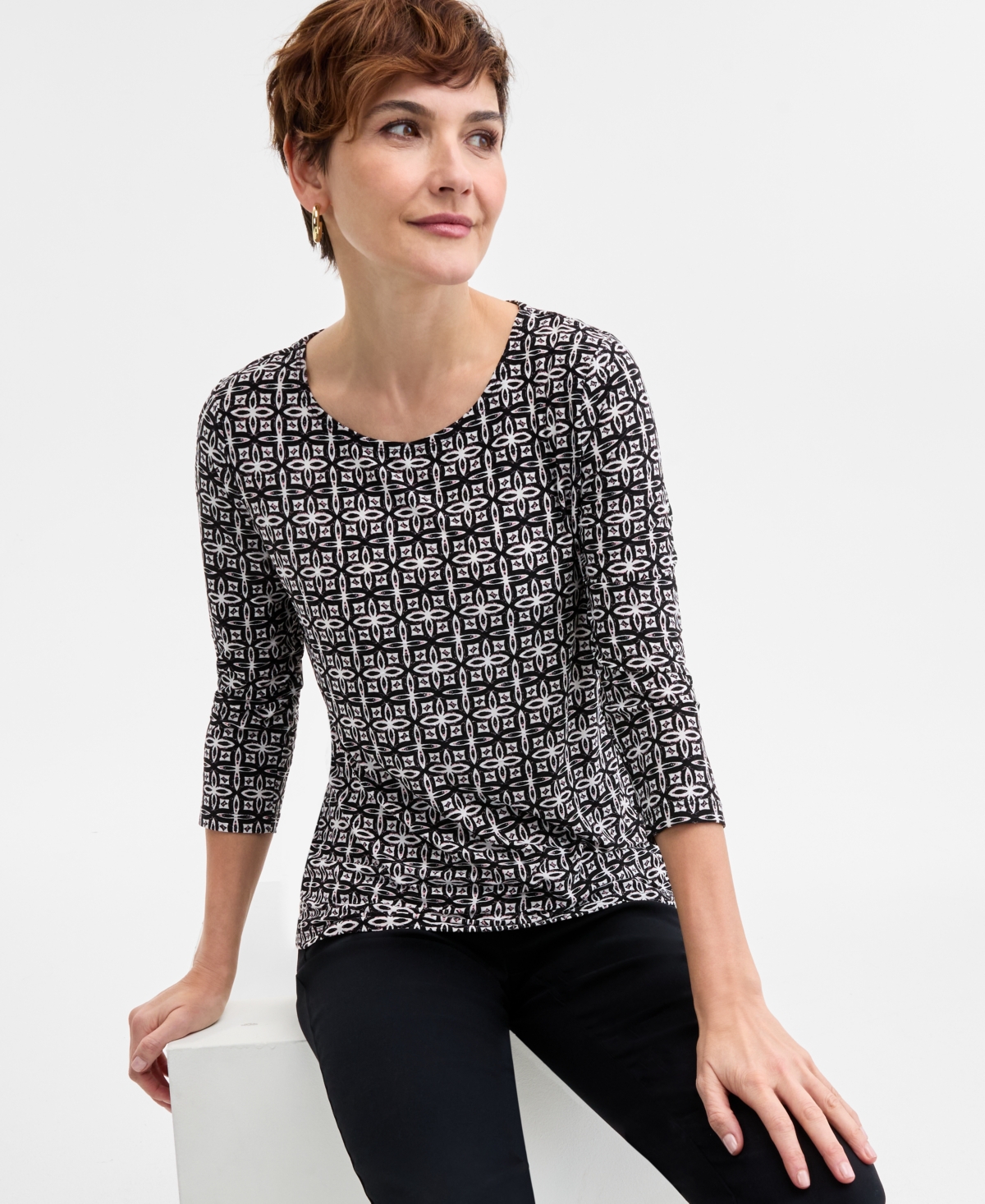 JM COLLECTION WOMEN'S PRINTED 3/4 SLEEVE SCOOP-NECK JACQUARD TOP, EXCLUSIVELY AT MACY'S 