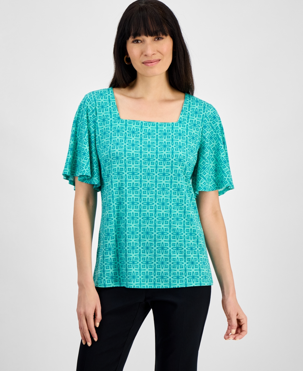 Macy's Jm Collection Petite Square-neck Top, Exclusively At  In Neo Jade Combo