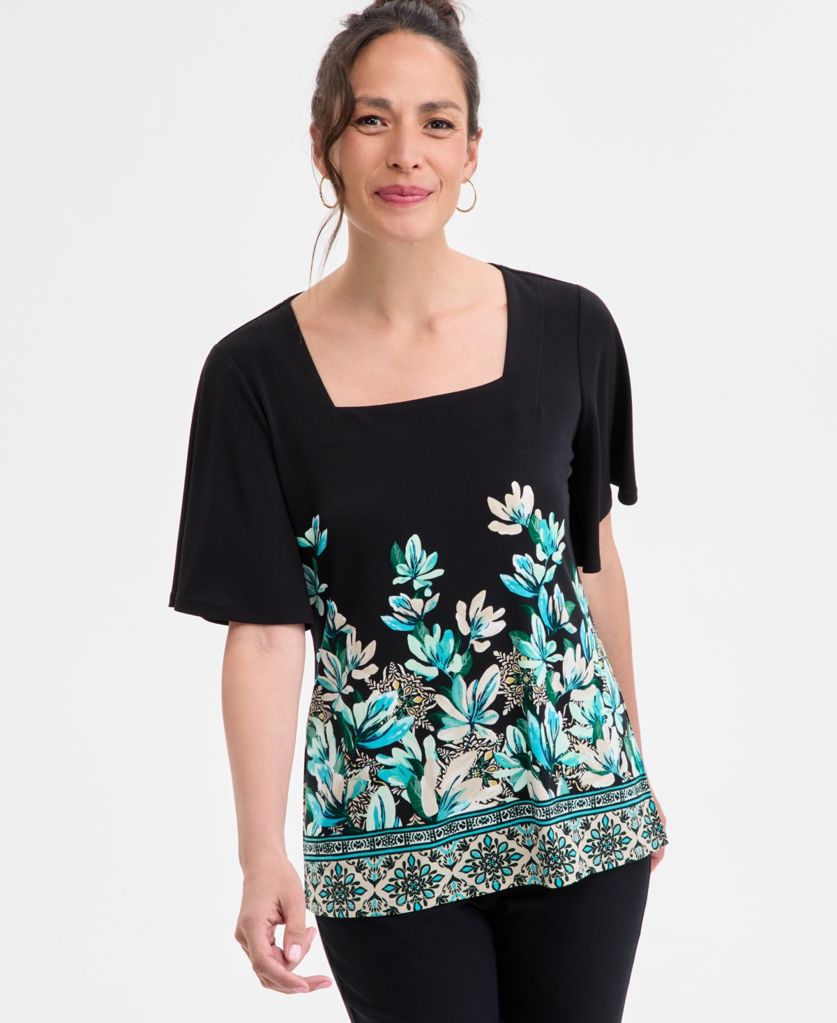 Women's Printed Flutter-Sleeve Square Neck Crepe Top, Exclusively at Macy's - Deep Black