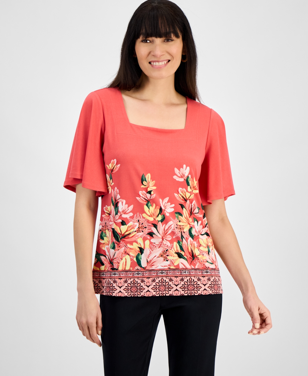 JM COLLECTION WOMEN'S PRINTED FLUTTER-SLEEVE SQUARE NECK CREPE TOP, EXCLUSIVELY AT MACY'S 