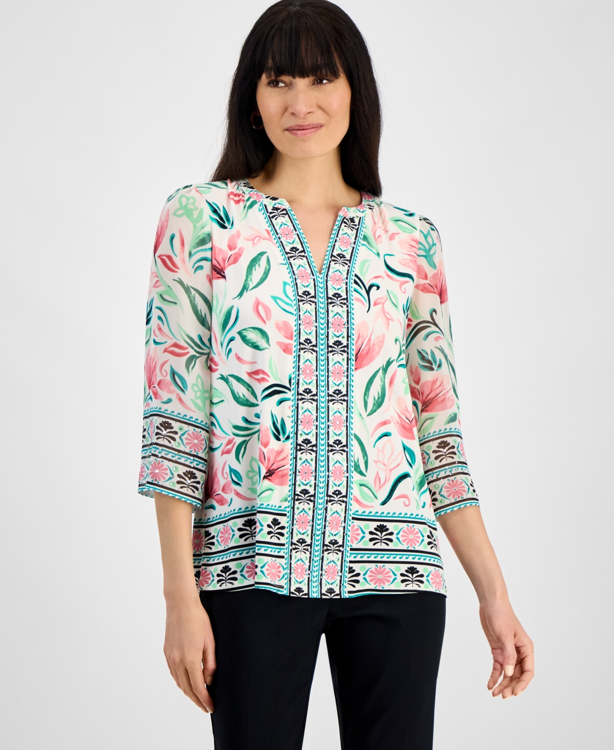JM COLLECTION WOMEN'S EMBELLISHED SPLIT-NECK TUNIC, EXCLUSIVELY AT MACY'S 