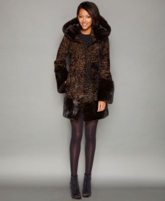 The Fur Vault - Mink-Fur-Trim Hooded Persian Lamb Coat