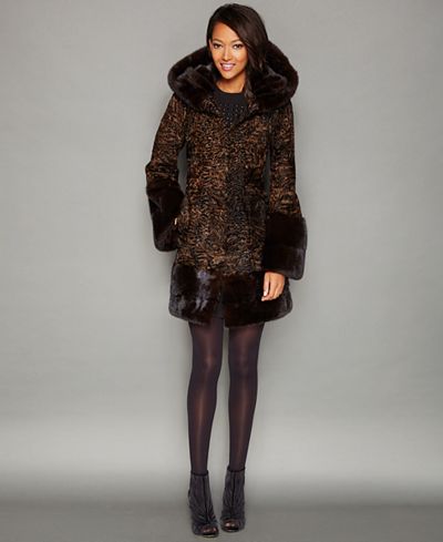 The Fur Vault Mink-Fur-Trim Hooded Persian Lamb Coat
