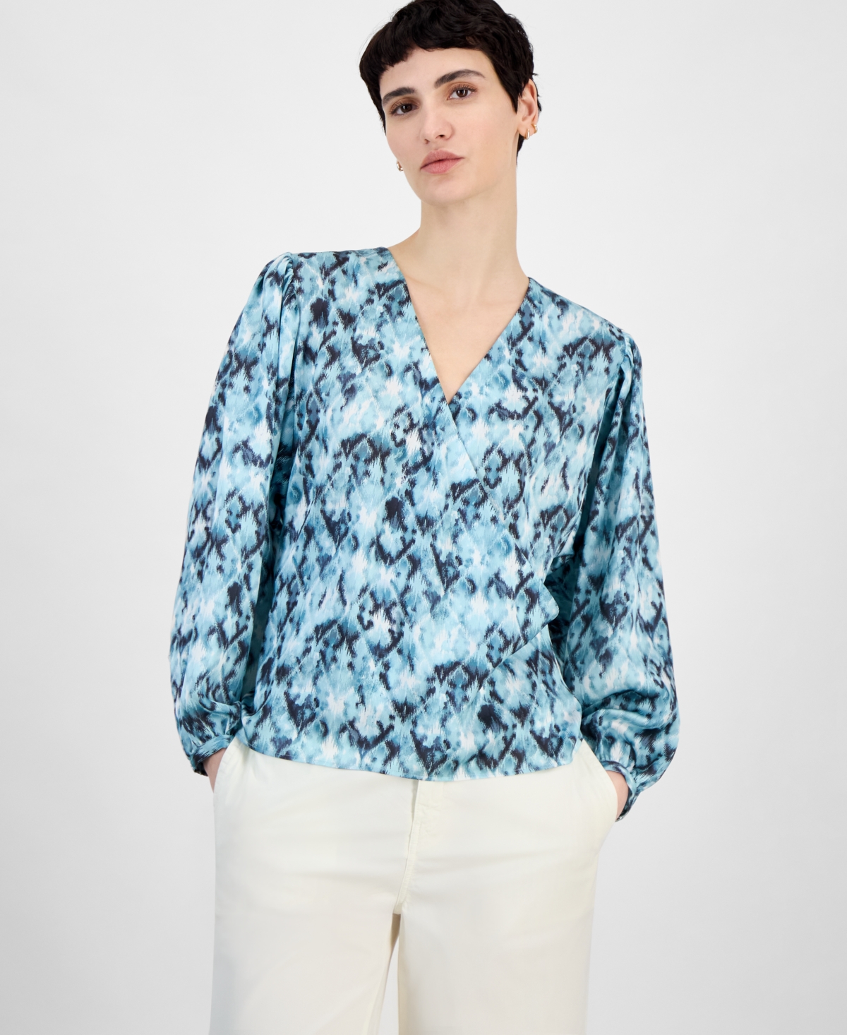 Women's Faux-Wrap Buttoned-Cuff Top - Blue Aztec Print