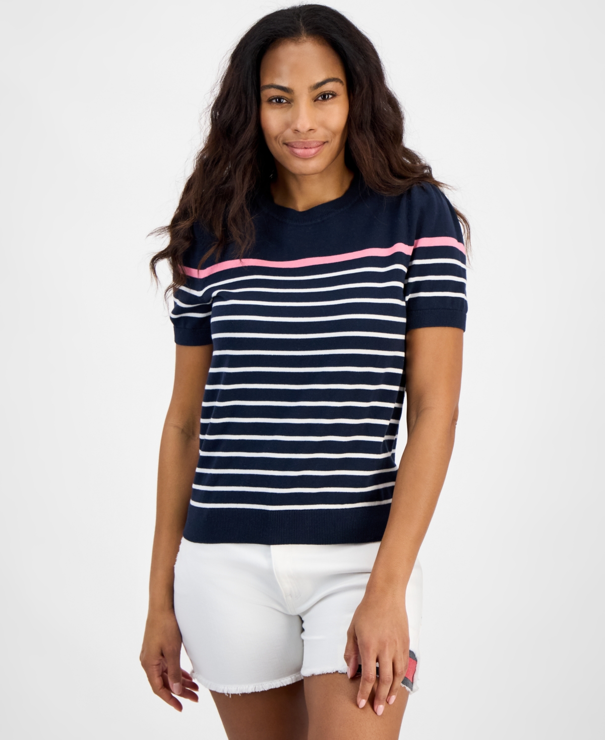 Women's Striped Puff-Sleeve Cotton Sweater - Sky Captain Multi