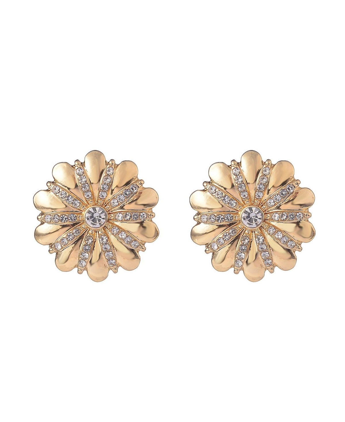 Gold Tone Flower Button Earrings - Gold